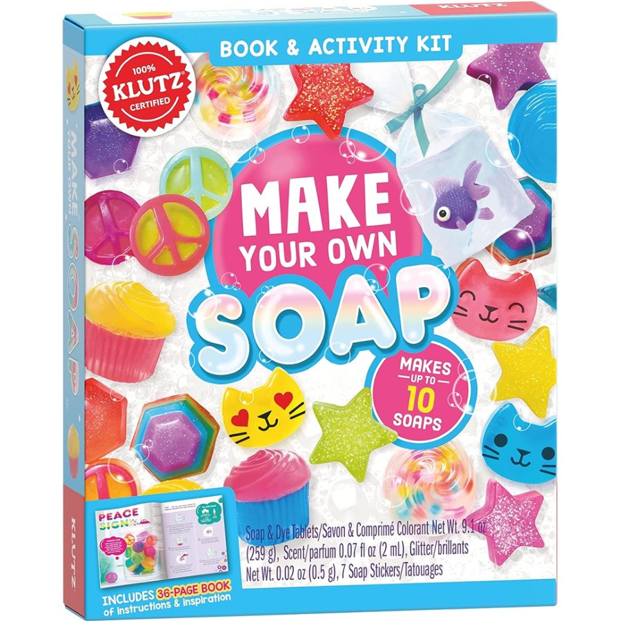 Make Your Own Soap book and activity kit packaging with colorful soap shapes and KLUTZ branding.