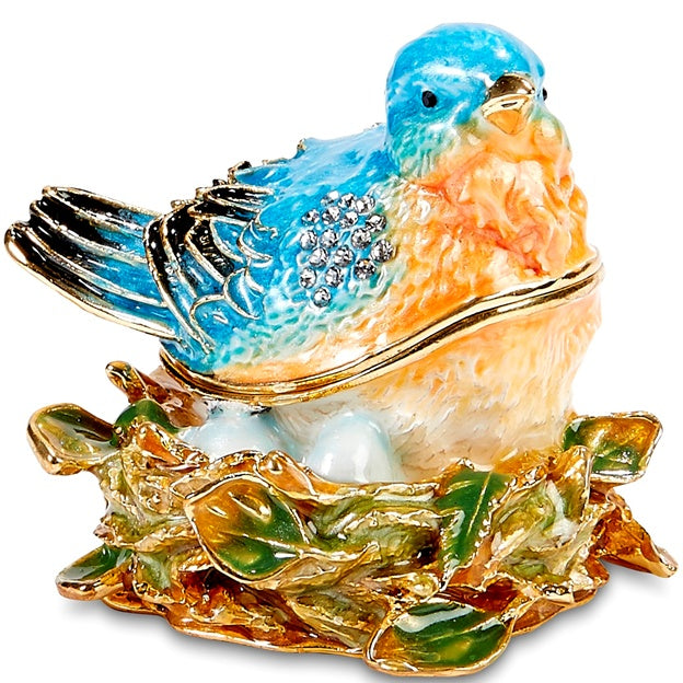 Decorative bird figurine with blue and orange colors on a white background