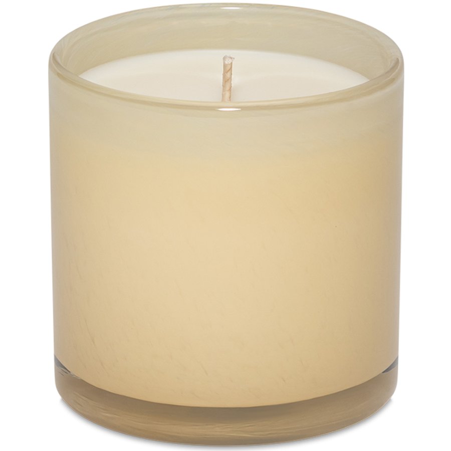 Beige candle in a glass container on a white background