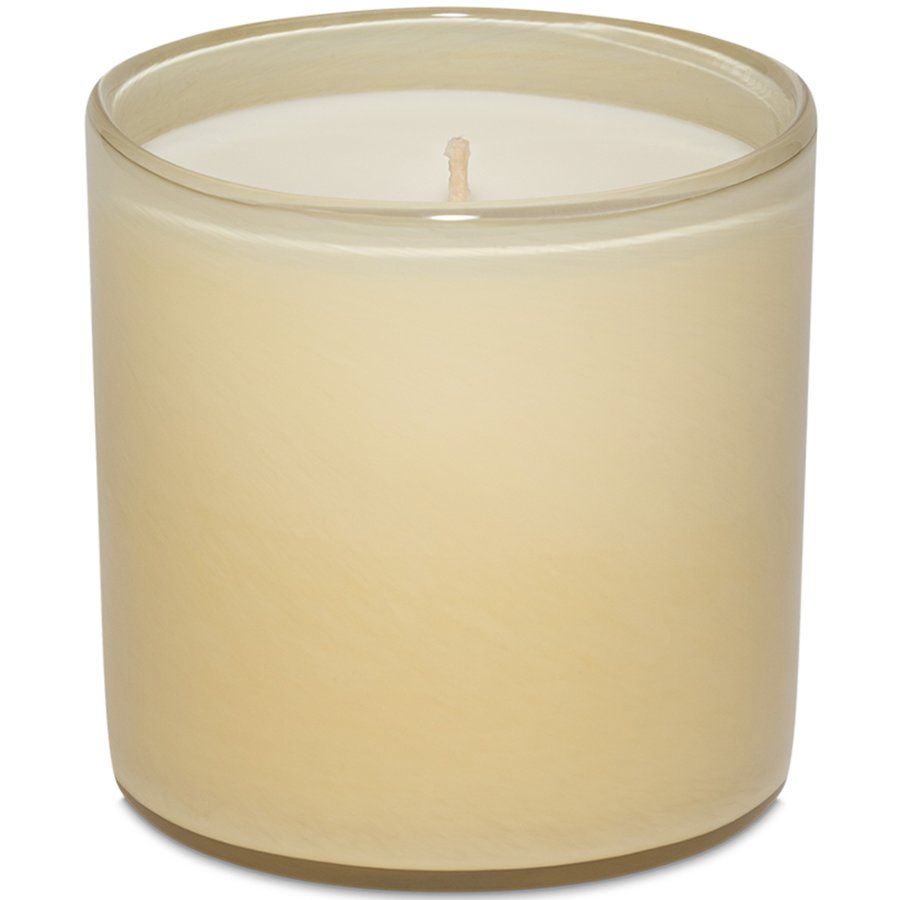 Beige candle in a glass container on a white background
