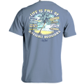 Gray t-shirt with a beach-themed graphic and text on the back