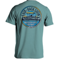 Teal t-shirt with a graphic design on the back featuring text and a boat image.
