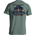Green t-shirt with a palm tree design and text on the back against a white background