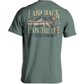 Green t-shirt with a graphic and text on the back, displayed against a white background.