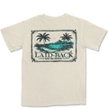 Beige t-shirt with tropical graphic and 'Laid-Back' text on a white background