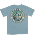 Light blue t-shirt with mountain graphic and 'Laid-Back' text on a white background