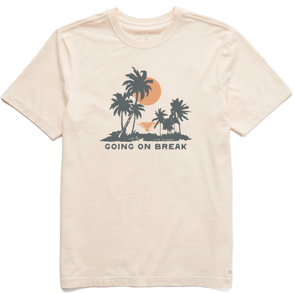 Beige t-shirt with palm tree and sun graphic and 'Going on Break' text on a white background