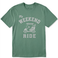 Green t-shirt with 'My Weekend Ride' graphic on a white background