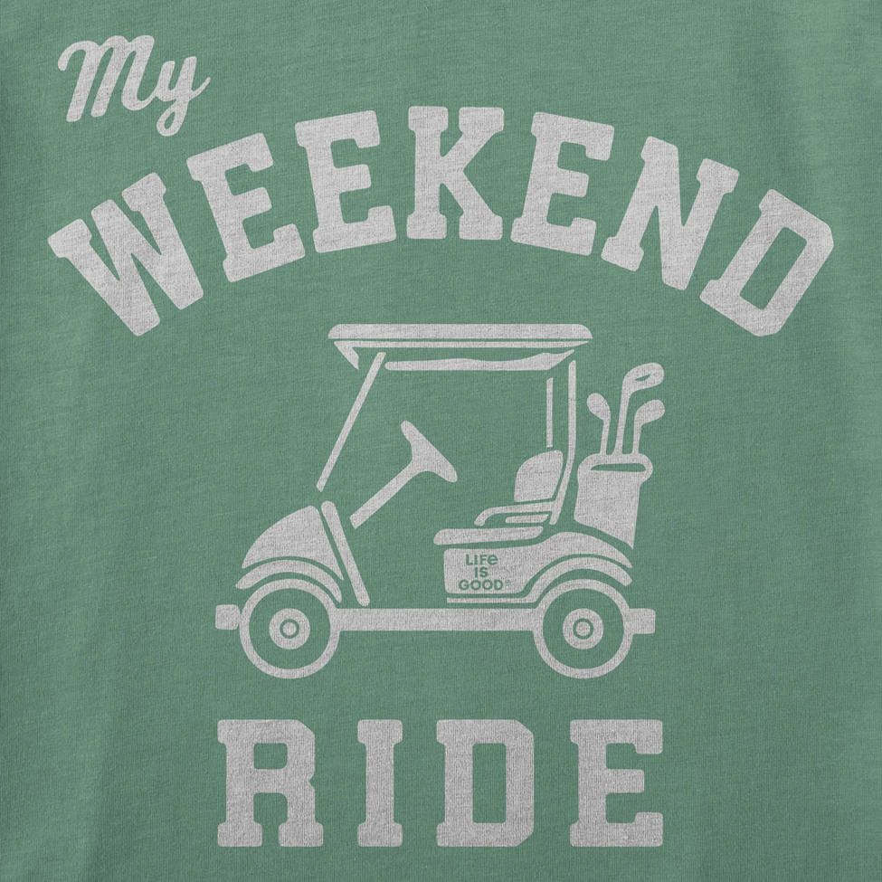 Green t-shirt with a graphic of a golf cart and text 'My Weekend Ride' on a green background
