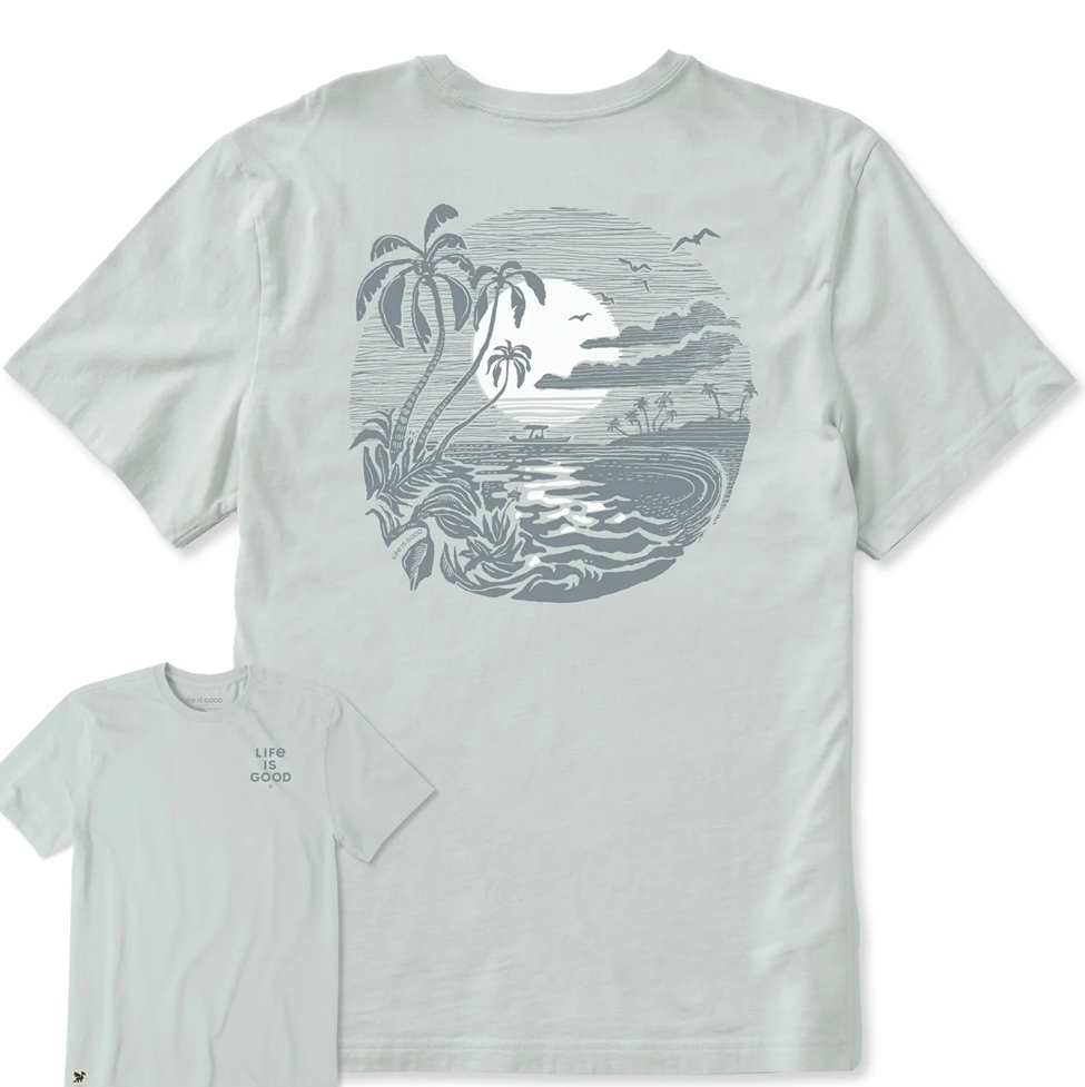 Light gray t-shirt with a tropical graphic on the back, displayed on a white background.