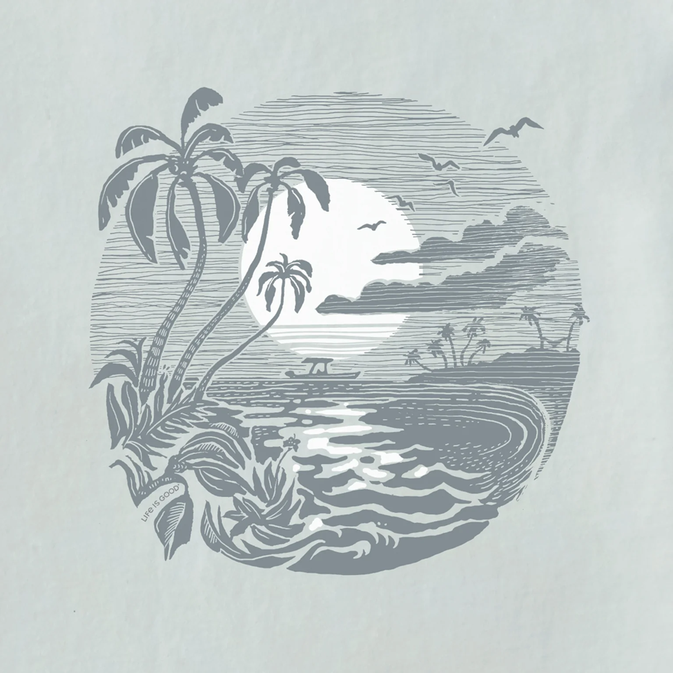 Circular design of a tropical landscape with palm trees, a beach, and ocean on a light gray background.