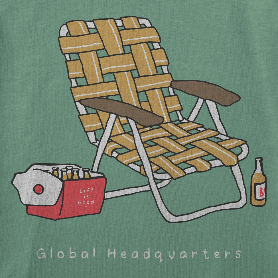 Lounge chair with cooler and bottle on a green background, featuring 'Life is Good' text.