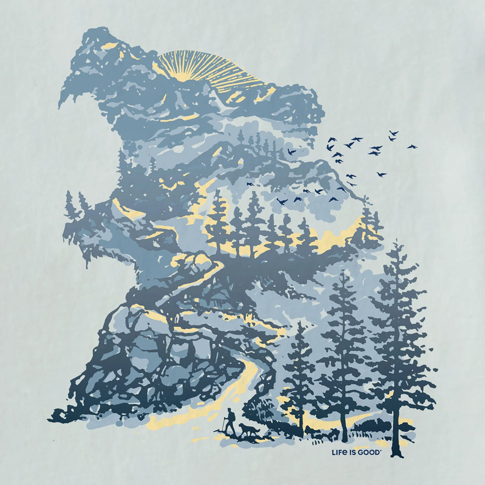 Nature-themed design with mountains, trees, and a 'Life is Good' logo on a light blue background.
