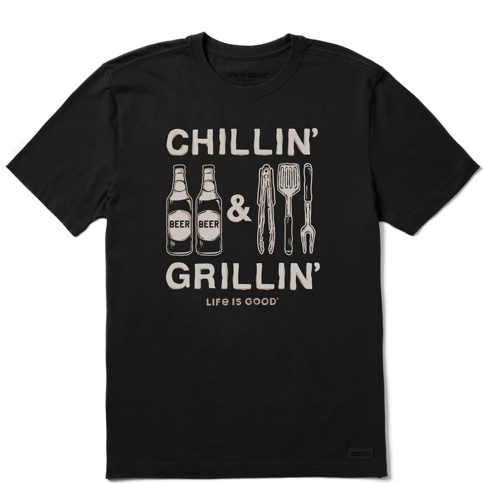 Black t-shirt with 'Chillin' & Grillin' Beer Life is Good' text and graphics on a white background