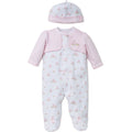 Baby outfit with pink jacket, white onesie with boat pattern, and matching hat on a white background