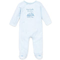 Baby onesie and hat set with Thank Heaven For Little Boy pattern on a white background