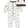 Baby onesie and hat set with puppy pattern on a white background
