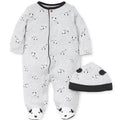 Baby onesie and hat set with panda pattern on a white background