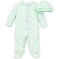 Green baby onesie with Floral designs on a white background