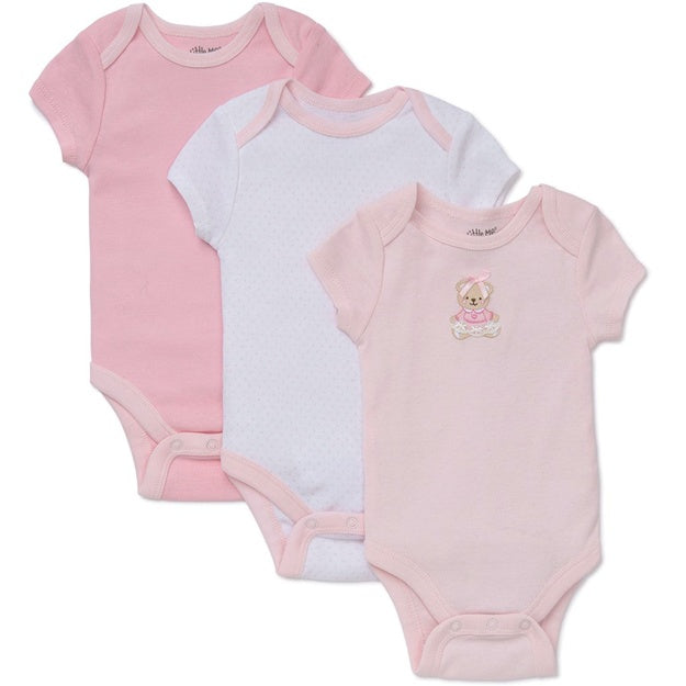Three baby bodysuits with different patterns on a white background