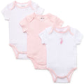 Three baby bodysuits with different patterns on a white background