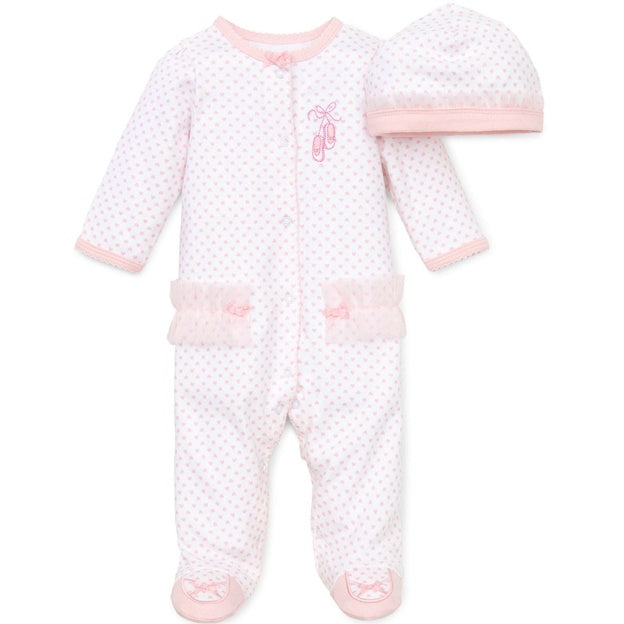 Baby onesie and hat set with pink accents on a white background