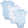 Three baby bodysuits with different patterns on a white background