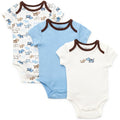 Three baby bodysuits with different patterns on a white background