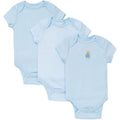 Three light blue baby bodysuits with a teddy bear design on a white background