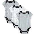 Three baby bodysuits with different patterns on a white background