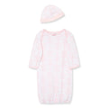 Pink baby gown with matching hat on a white background