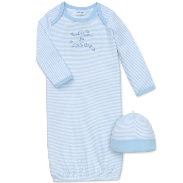 Blue striped baby gown and hat set on a white background
