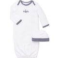 Baby outfit with white long-sleeve shirt and pants, and matching hat, featuring navy stripes and sailboat designs on a white background.