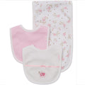 Two baby bibs, one pink and one with floral pattern, on a white background