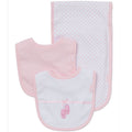 Set of two baby bibs with pink and white design on a white background