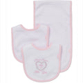 Set of baby bibs with pink trim and embroidered text on a white background