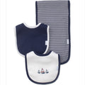 Set of two baby bibs with navy and white stripes on a white background