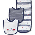 Baby bibs and burp cloth set with sports-themed design on a white background