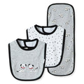 Set of three baby bibs with dalmatian dog patterns on a white background
