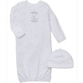 White baby gown with long sleeves and matching hat on a white background