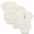Three baby bodysuits with different patterns on a white background