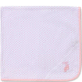 Baby blanket with pink border and small pink patterns on light blue background