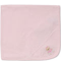 Pink baby blanket with a teddy bear design on a white background