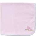 Pink striped baby blanket with embroidered bunny design on a white background