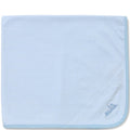 Light blue textured fabric with a brand logo on a white background