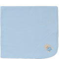 Blue baby blanket with a teddy bear design on a white background