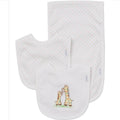 Two baby bibs with embroidered giraffes on a white background