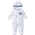 Baby onesie and hat set with Puppy pattern on a white background