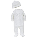 Baby onesie and hat set with star pattern on a white background