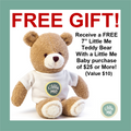 Promotional image of a teddy bear with a 'Little Me' t-shirt and text about a free gift offer.